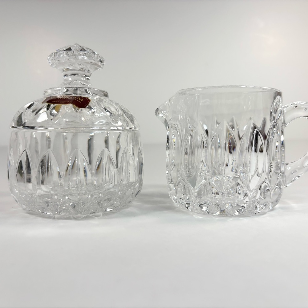 Vintage Clear Cut Glass Creamer and Sugar Set Ribbed Design Starburst Bottom